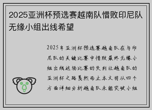 2025亚洲杯预选赛越南队惜败印尼队无缘小组出线希望